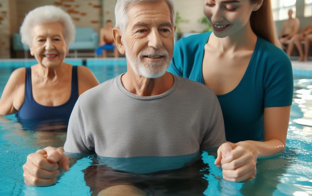 volunteer assisting older person in the swimming pool