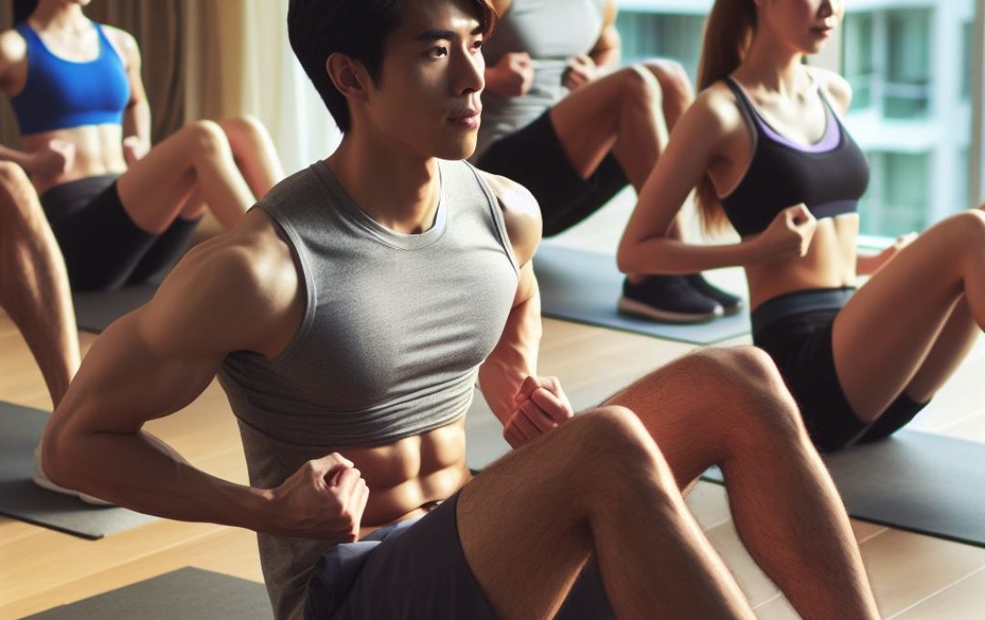 group of people at a keep fit class working on their abdominal muscles